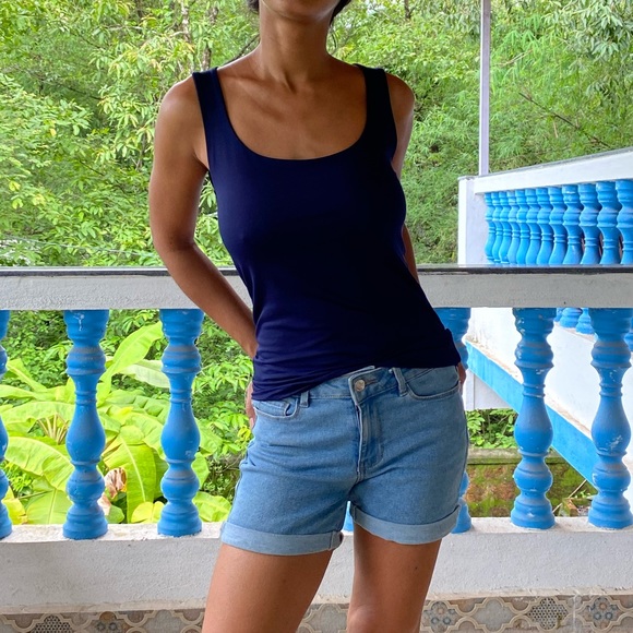 Zara | Tops | Zara Basic Stretch Top With Wide Straps Navy Blue | Poshmark